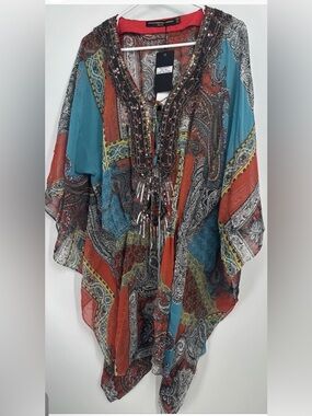 Orion Kaftan Short Embellished Beaded Top Resort Cover Up Sz M